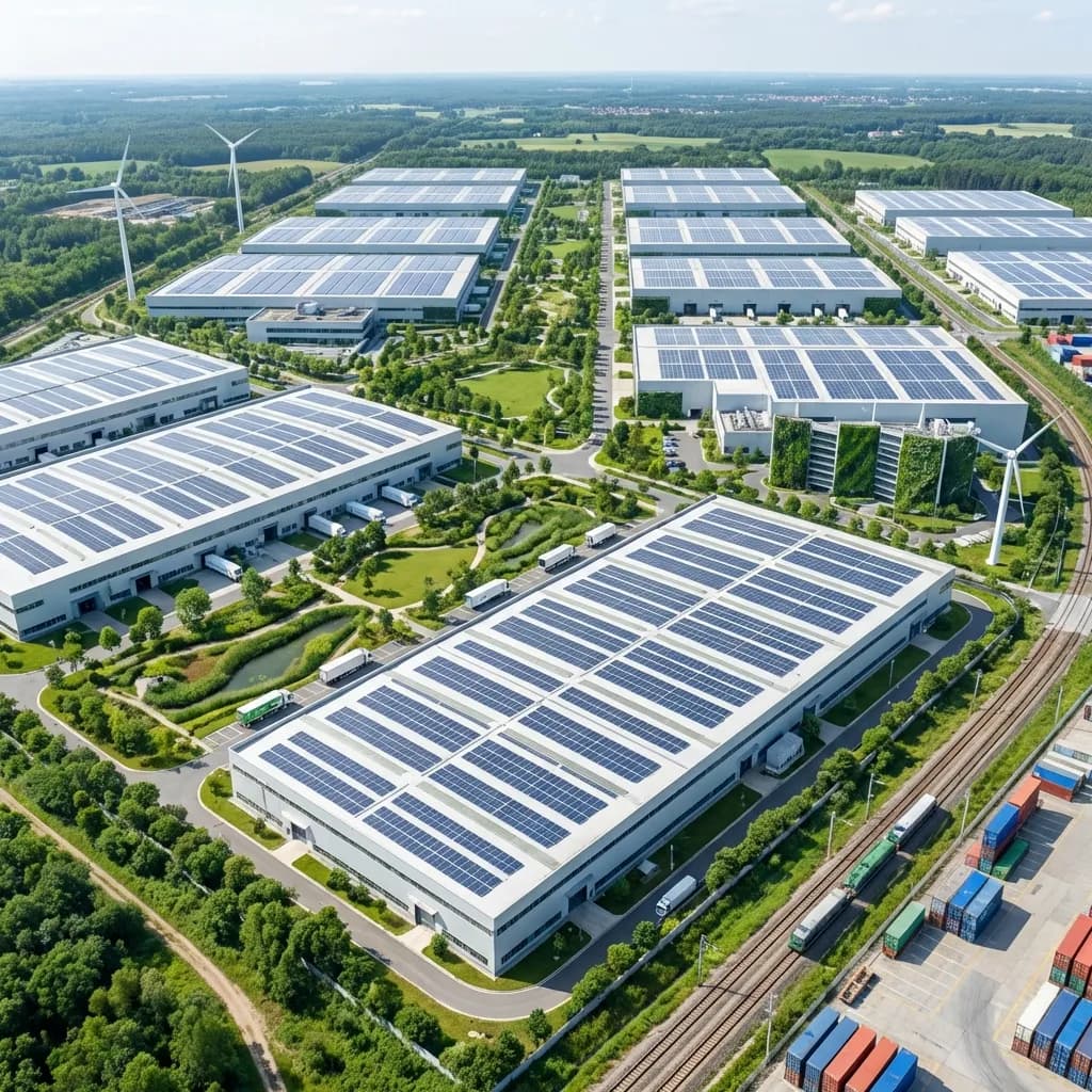 Vista aérea de polígono industrial y naves logísticas